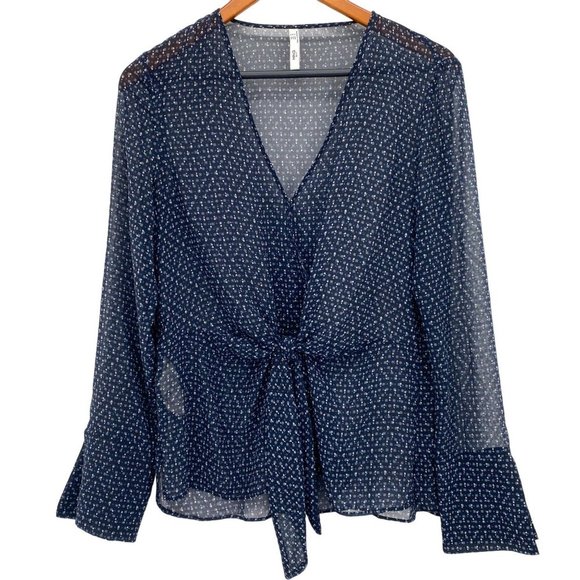 Mango Navy Sheer Tie Front Blouse - Picture 1 of 13
